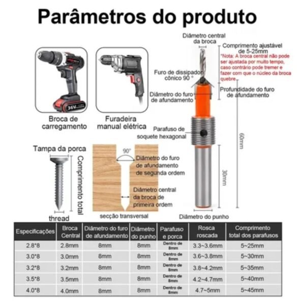 Escareador Com Limitador Ajustavel Para Madeira Com Broca - Imagem 8