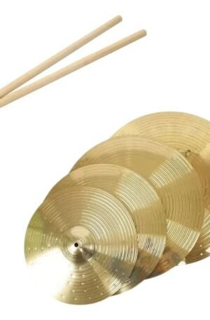 Conjunto De Pratos Para Bateria Dourado 4 Peças + Baquetas