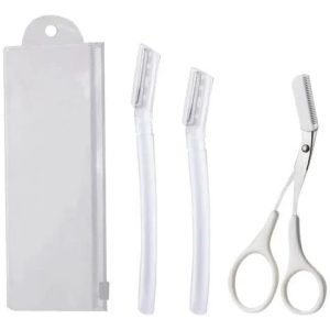 Kit 4 Pçs De Aparar Sobrancelhas 2 Navalha 1 Tesoura E Bolsa