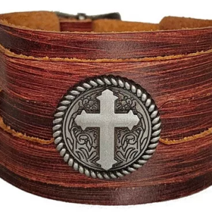 Pulseira Masculina Punk Cruz Punho Fé Largo Couro Sintetico